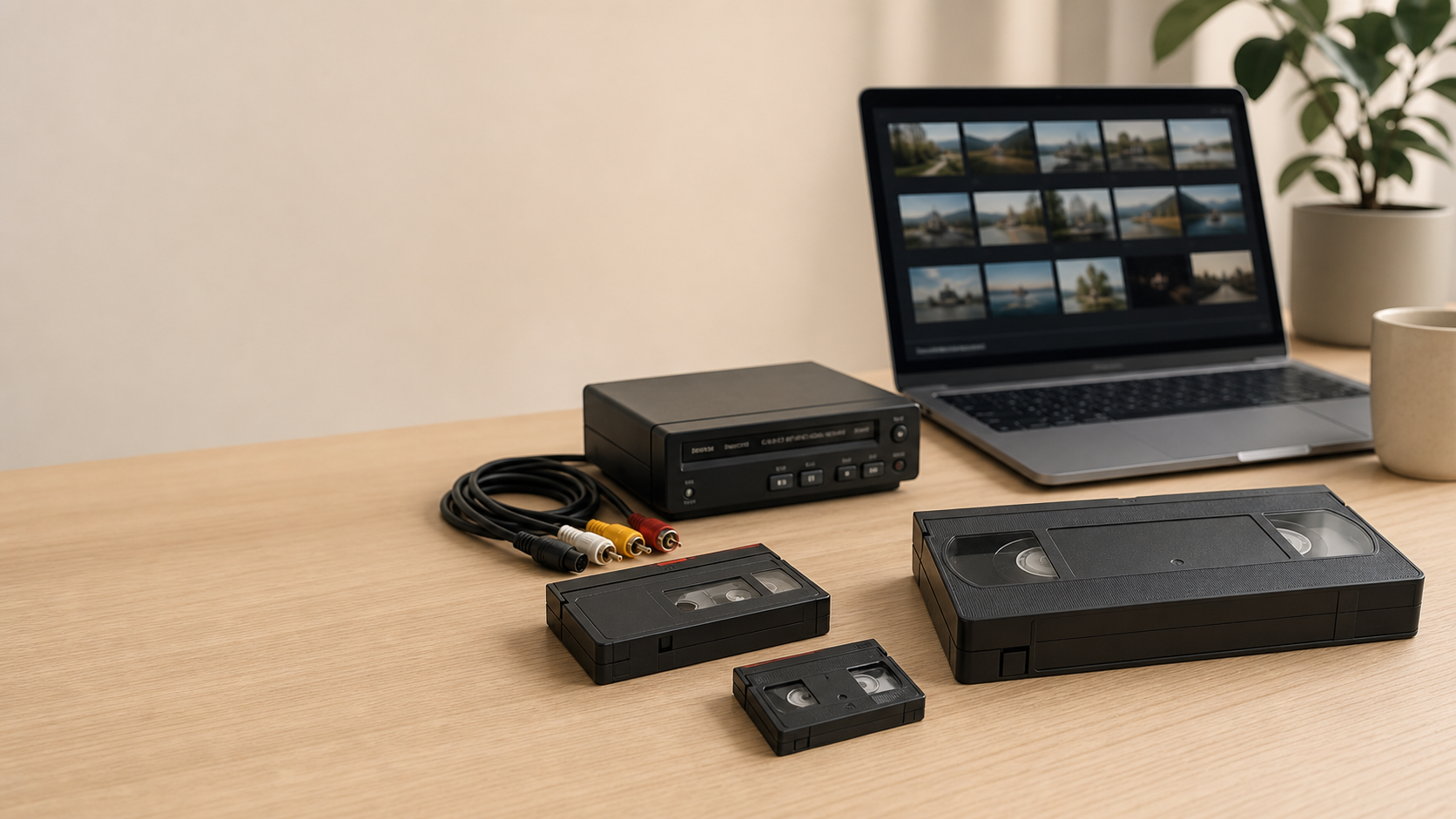 Videoband och digitaliseringsutrustning på ett rent arbetsbord